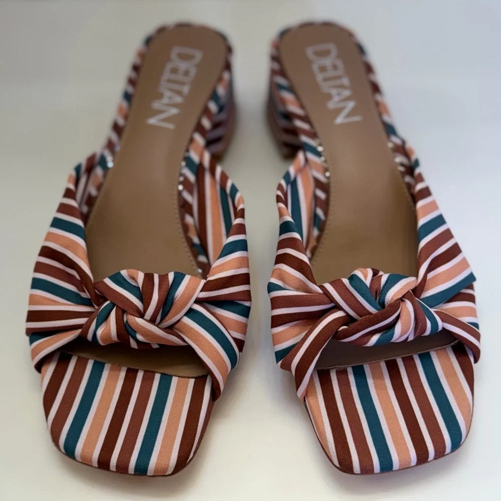 NWOT Deltan Striped Knot Slide Sandals Block Heel Summer Resort Chic Size 8 - Picture 13 of 14